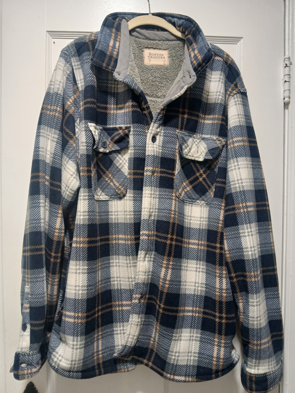 Boston Traders Navy, White & Tan Plaid Sherpa-Lined Shirt Jacket